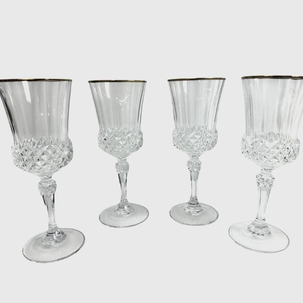 Cristal D'Arques Durand Valencay Gold Rim Lead Crystal 7" Wine Glasses-Set of 4